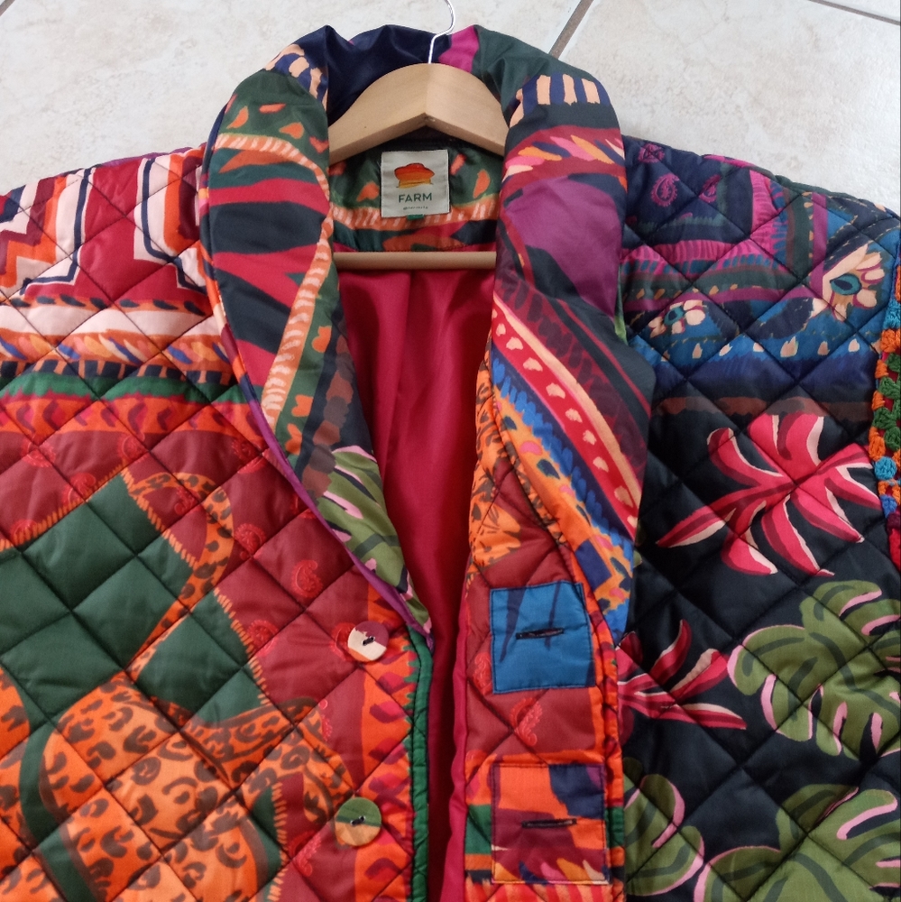 Farm Rio Patchwork Tapestry Crochet Puffer Jacket M - Picture 11 of 16